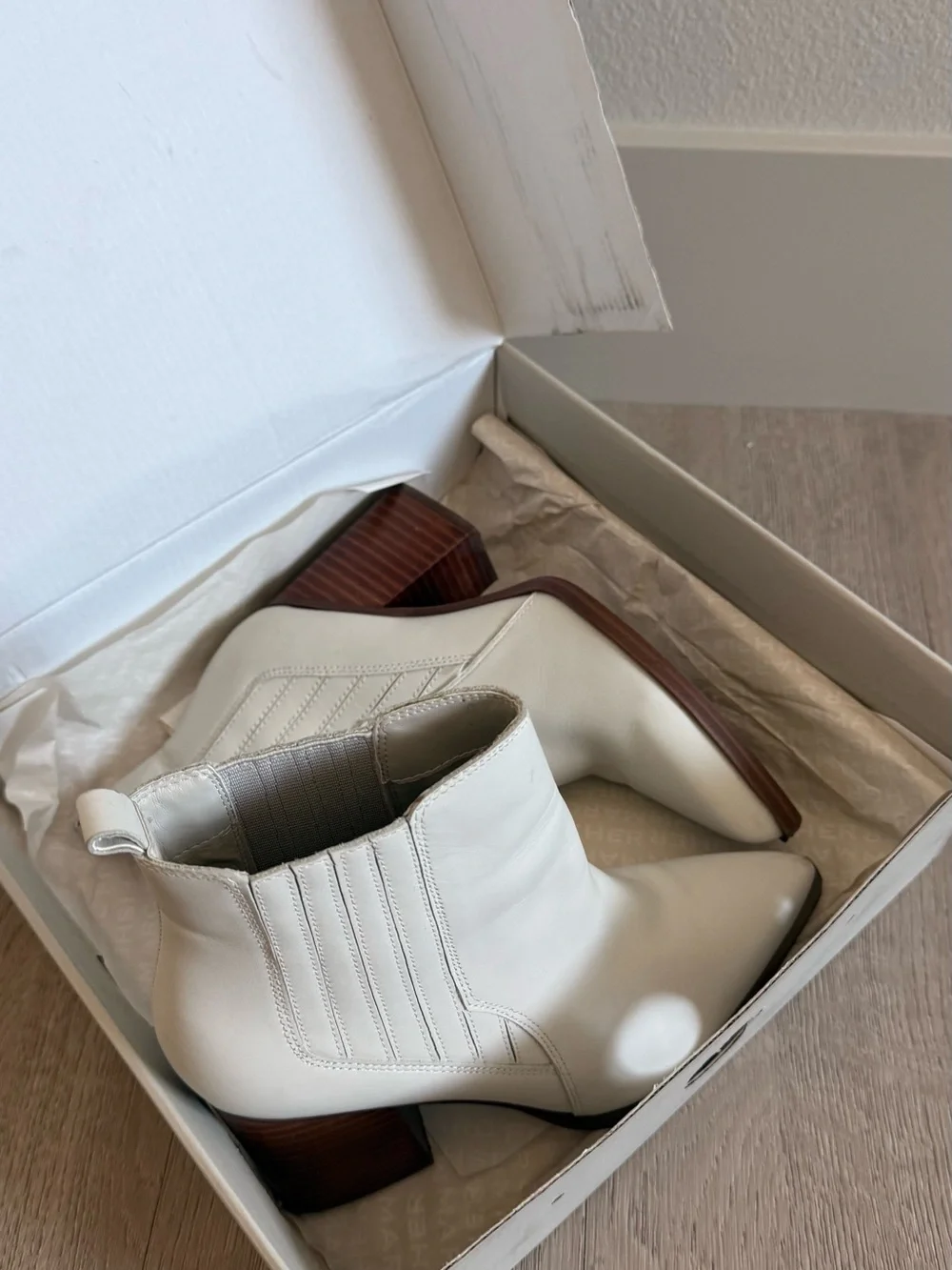 Marc Fisher Cream Leather Ankle Booties with Wood Block Heel